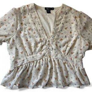 🌸 Miss Chievous Floral Peplum Blouse Puff Sleeve Top Women’s XL Cottagecore Y2K